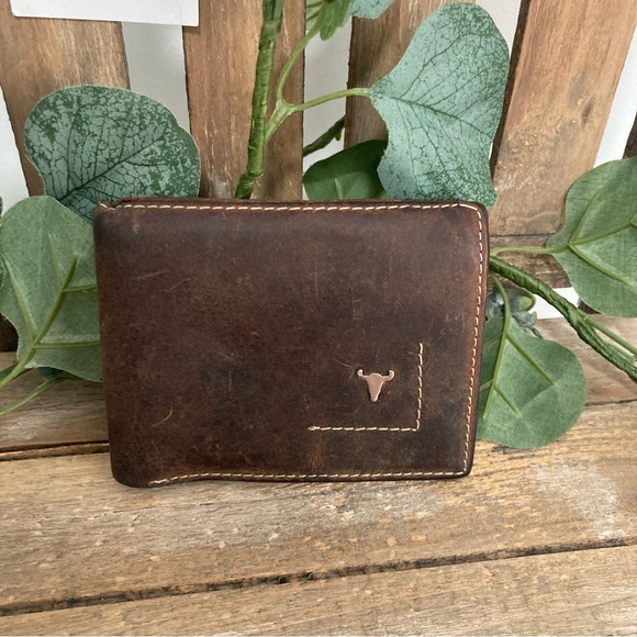 AMERICAN BISON DISTRESSED GENUINE LEATHER BROWN MEN’S WALLET - Picture 1 of 5